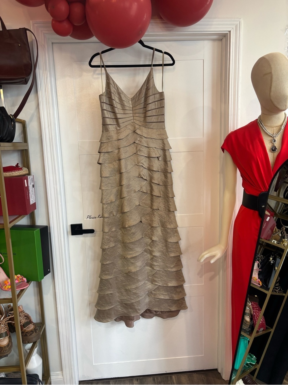 Adrianna Papell Metallic Taupe Tiered Maxi Slip Dress